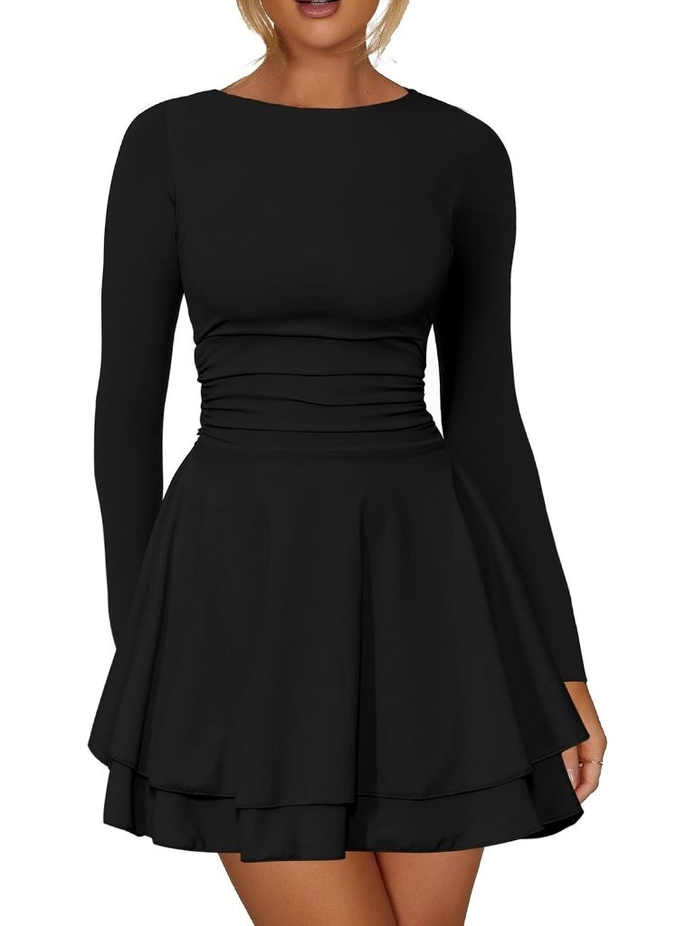 Women's Mini Dress Black Scoop Neck Long Sleeve A Line Bodycon Pull Over Classic